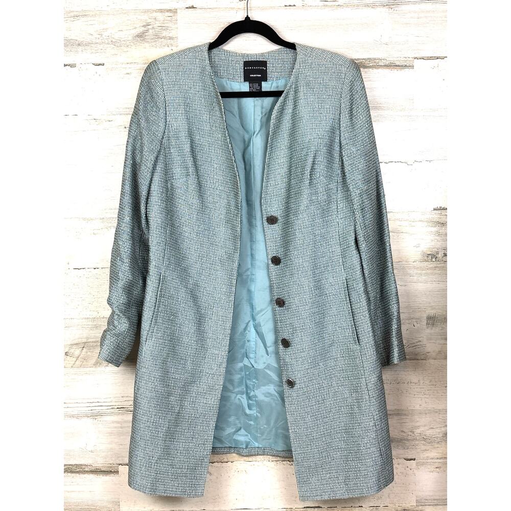 Doncaster Womens 6 Light Blue Silver Button Up Long Lightweight Blazer Jacket